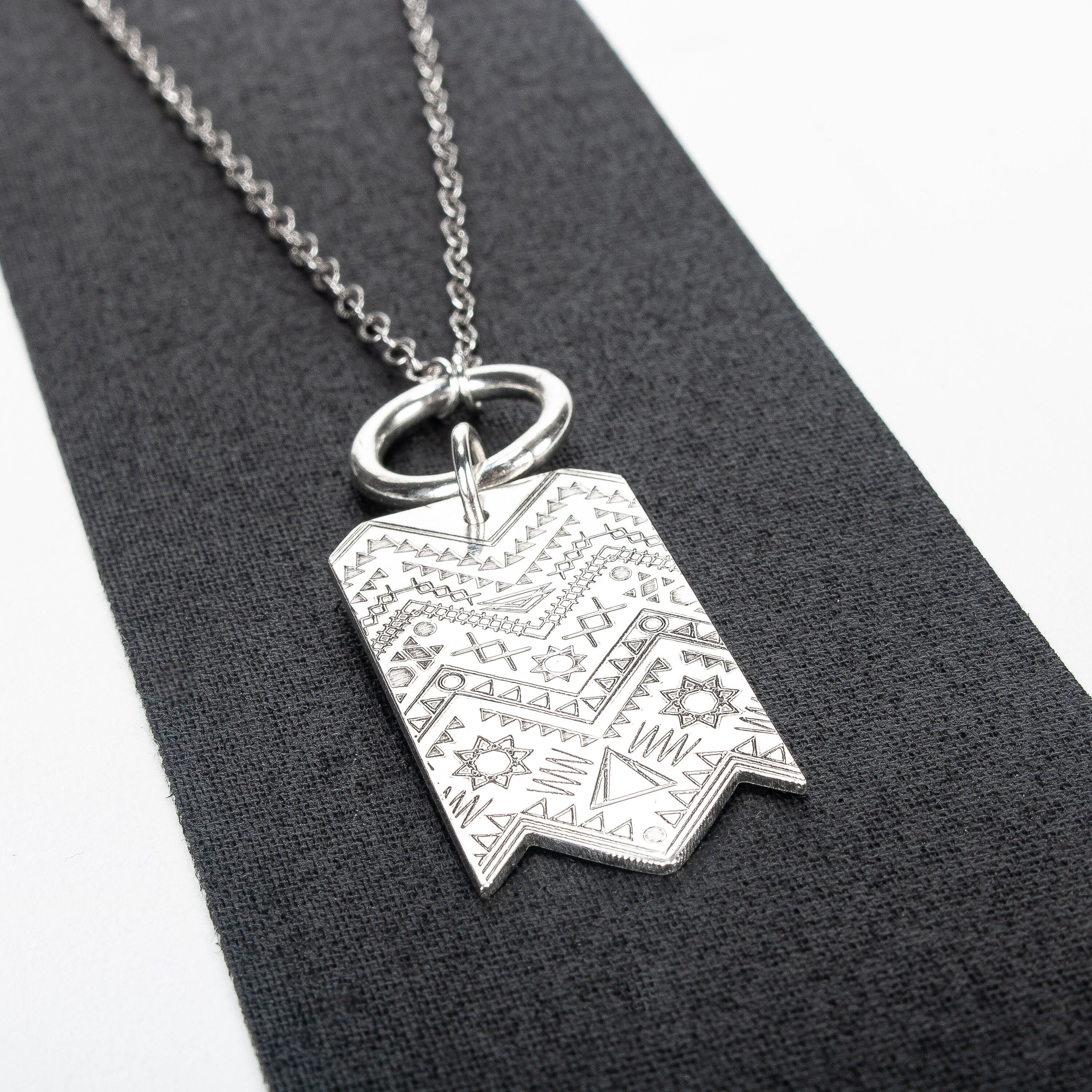 Signature MGJ Aztec Pattern Streamer Necklace In Sterling Silver | Long Southwestern Bohemian Boho Tribal Pendant | Sweater Necklace