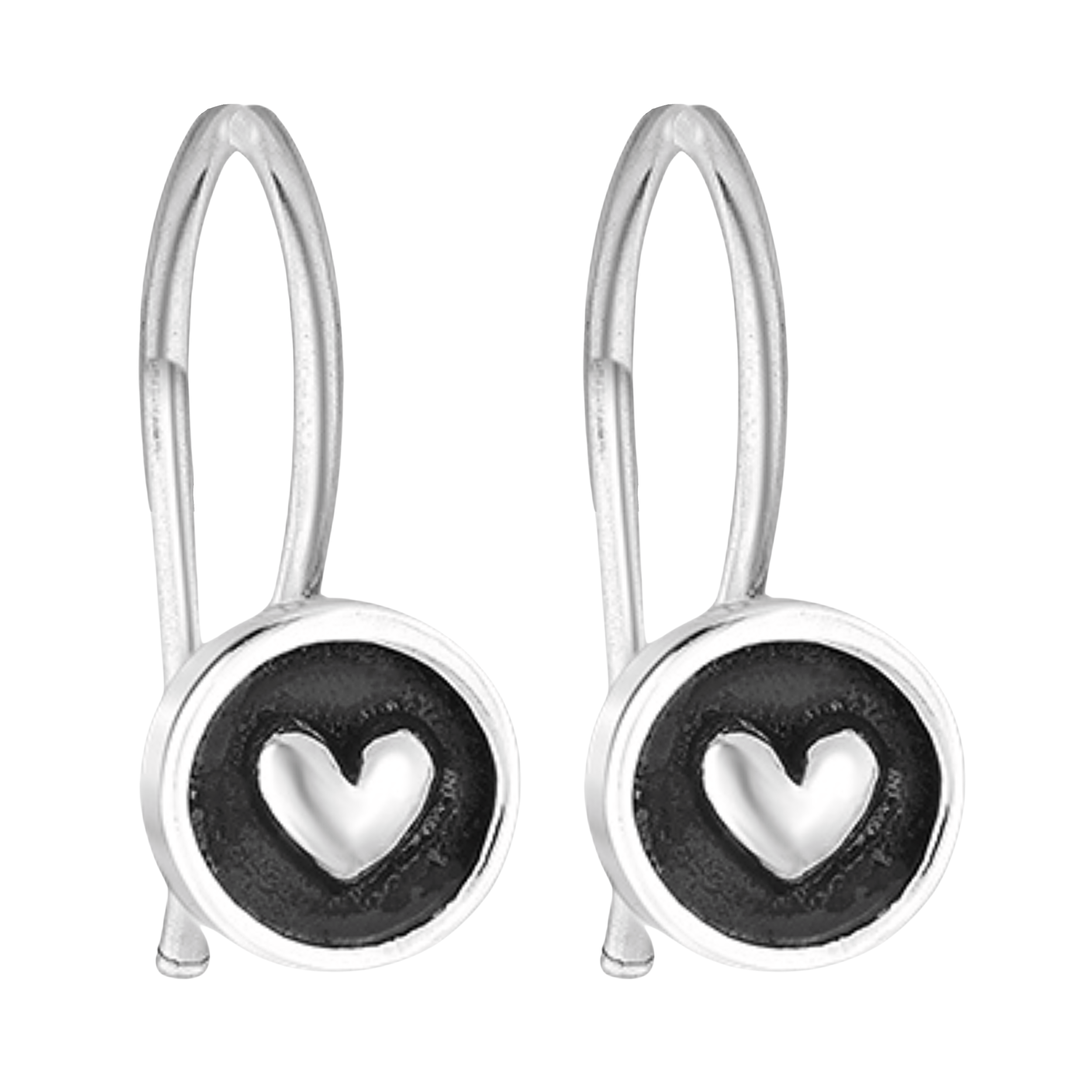Round Heart Hook Earrings | Tiny Sterling Silver Round Circle Dangle Drop Earrings | Oxidized Black & Silver Heart | Valentines Day Jewelry