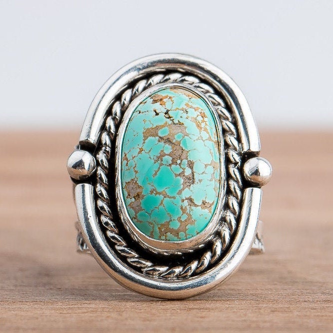 Size 7.5 Carico Lake Turquoise Gemstone Ring In Sterling Silver | Aqua Seafoam Blue Boho Bohemian Southwestern Indian Navajo Statement Ring