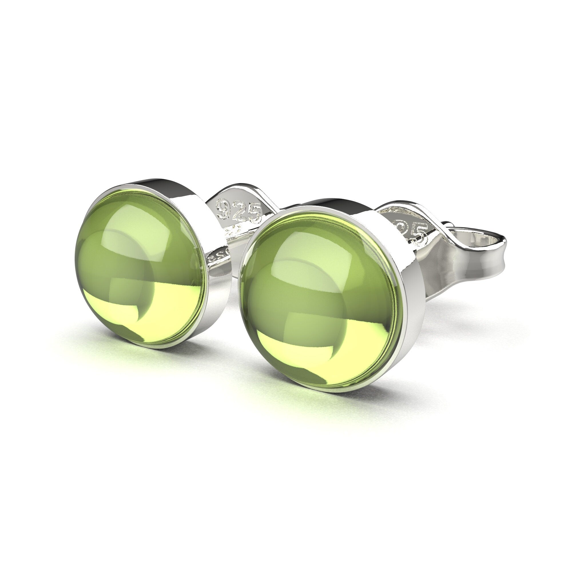 Lime Green Peridot Gemstone Stud Earrings | Tiny Sterling Silver Round Circle Light Green Stone Post Earrings for Women & Men | August Birthstone
