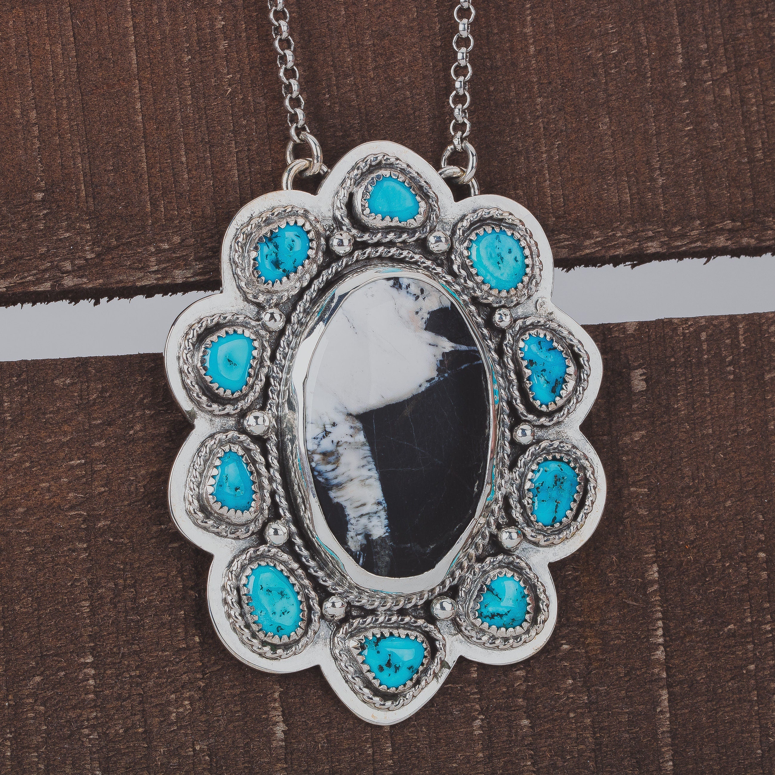 White Buffalo & Sleeping Beauty Turquoise Cluster Necklace In Sterling Silver | Huge Big Black White Aqua Blue Floral Boho Bohemian Pendant