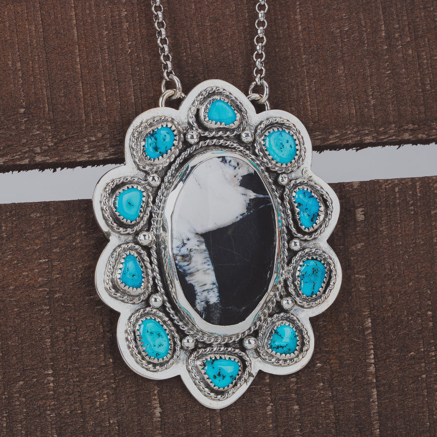 White Buffalo & Sleeping Beauty Turquoise Cluster Necklace In Sterling Silver | Huge Big Black White Aqua Blue Floral Boho Bohemian Pendant