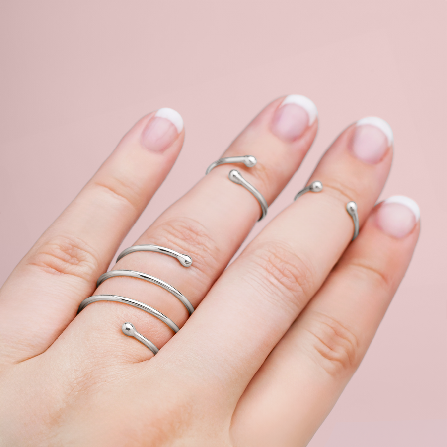 Bypass Midi Ring | Adjustable Sterling Silver Beaded Dot Knuckle Ring | Minimalist Everyday Spiral Cuff Mid Knuckle Ring