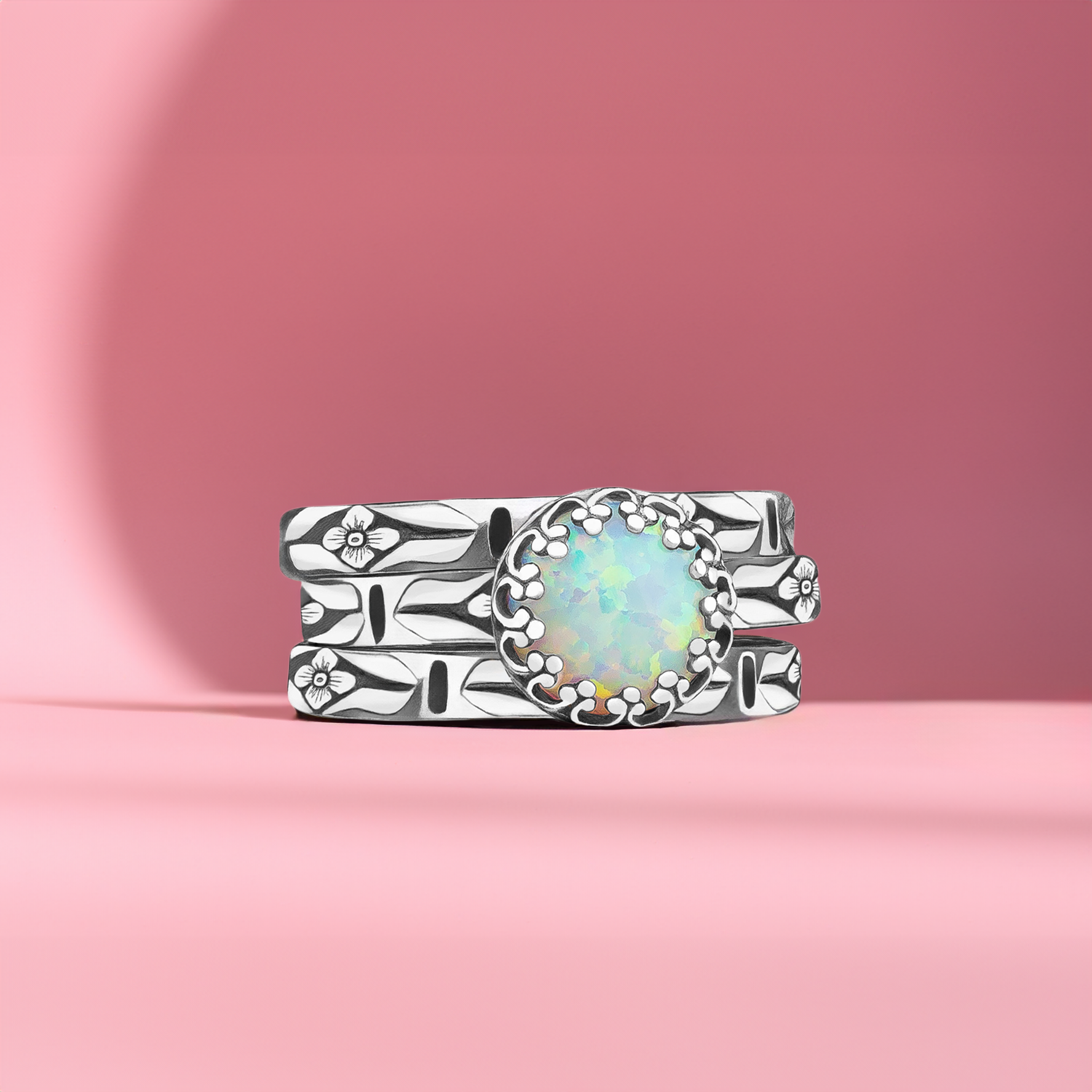 Opal Stacking Rings | Set of 3 Floral Colorful Multicolored Flashy Opal Stacking Rings in Sterling Silver | October Birthstone | USA Sizes 4-12