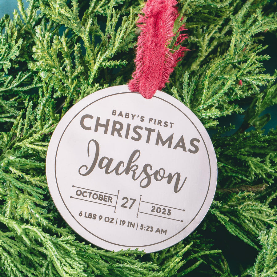 Personalized Ornament Baby's First Christmas | Custom Name & Birth Stats Holiday Decoration | Modern Brushed Stainless Steel Holiday Bauble