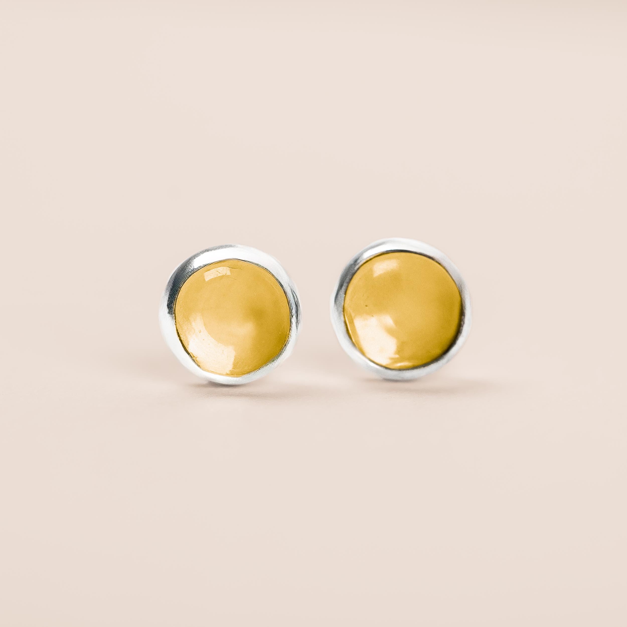 Yellow Citrine Gemstone Stud Earrings | Tiny Sterling Silver Round Circle Light Yellow Stone Post Earrings for Women & Girls