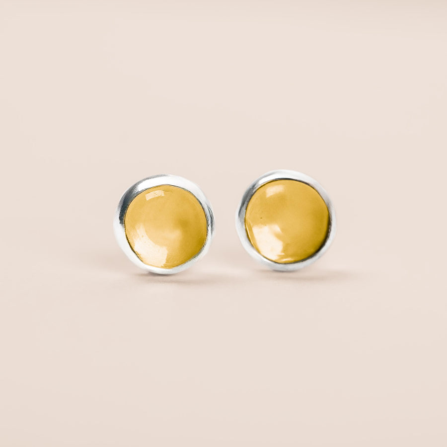 Yellow Citrine Gemstone Stud Earrings | Tiny Sterling Silver Round Circle Light Yellow Stone Post Earrings for Women & Girls