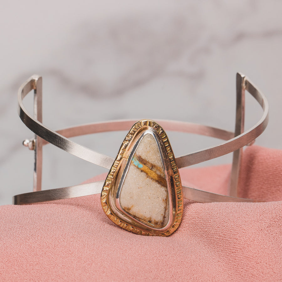 Royston Ribbon Turquoise Cuff Bracelet | Mixed Metal Aqua Blue Triangle Gemstone Cuff With Safety Latch | Boho Bohemian Jewelry