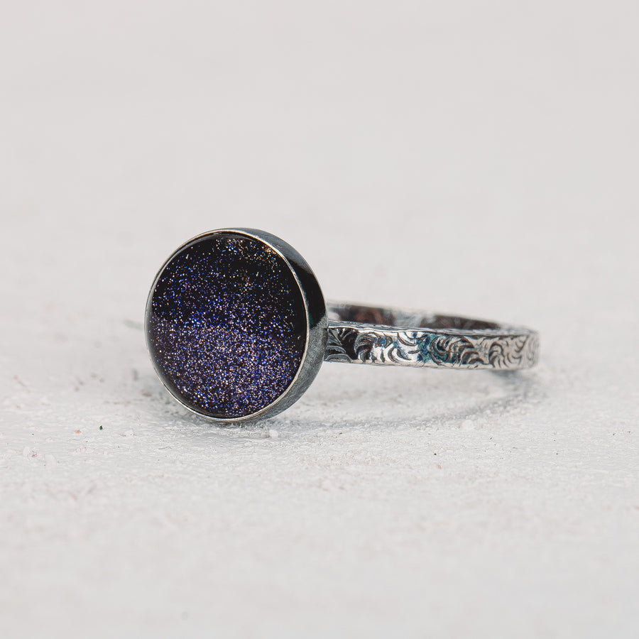Night Sky Constellation Solitaire Ring with Paisley Pattern Band in Sterling Silver with Blue Goldstone | Star Galaxy Space Jewelry | Comfort Fit USA Sizes 4-12