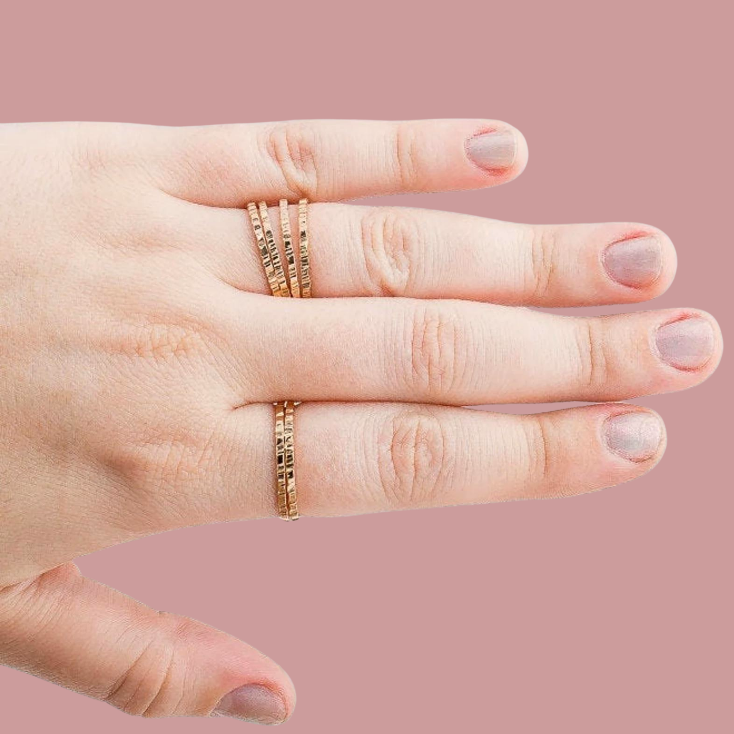 Rugged Trio | Set of 3 Mixed Metal Rugged Stacking Rings | Silver, Gold and Rose Gold | Lined Striped Hammered Stackable Stack Thin Bands