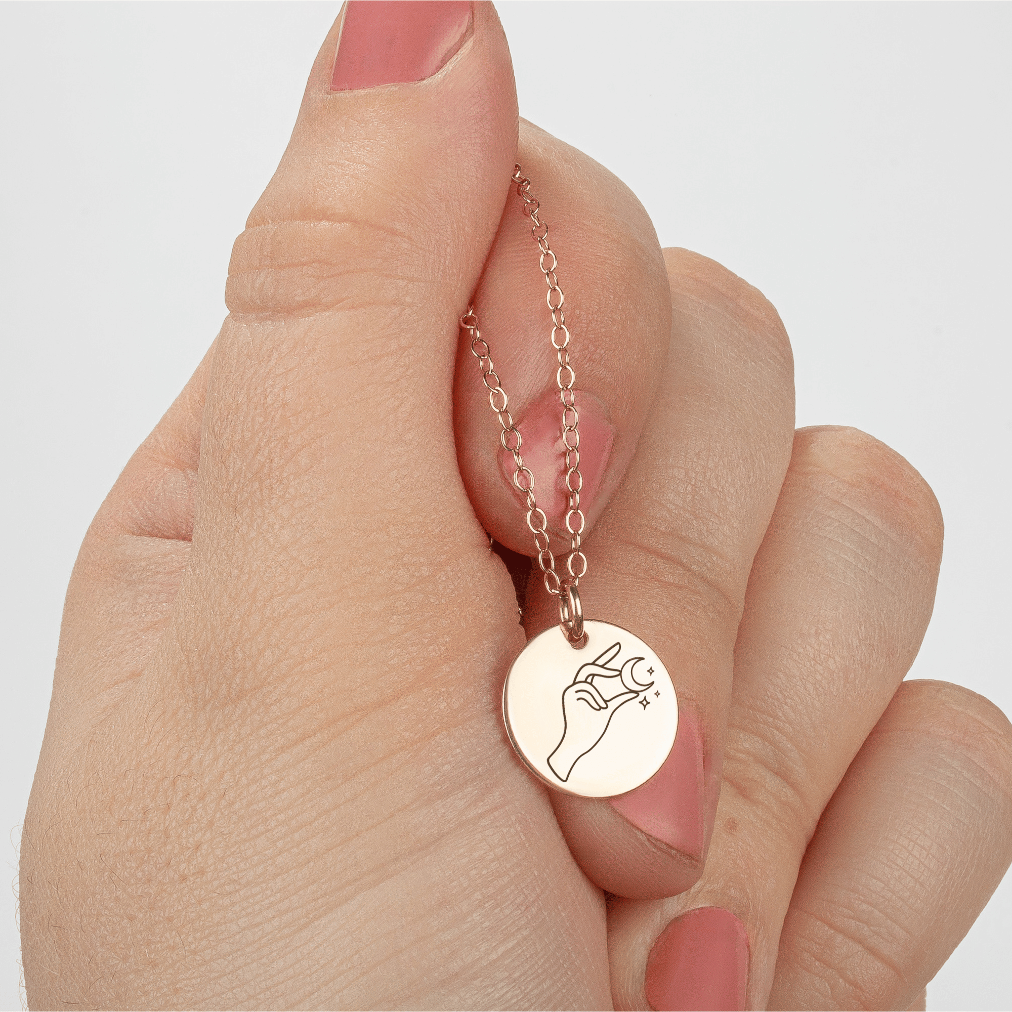 Lady of The Moon Engraved Disc Necklace in Silver, Gold, or Rose Gold | Small Round Circle Boho Bohemian Hippy Gypsy Jewelry for Women