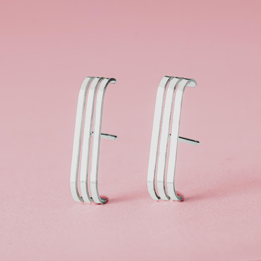 Triple Suspender Earrings | Sterling Silver Line Bar Cuff Stud Earrings | Geometric Suspension Earrings, Wrap Earrings | Minimalist Everyday