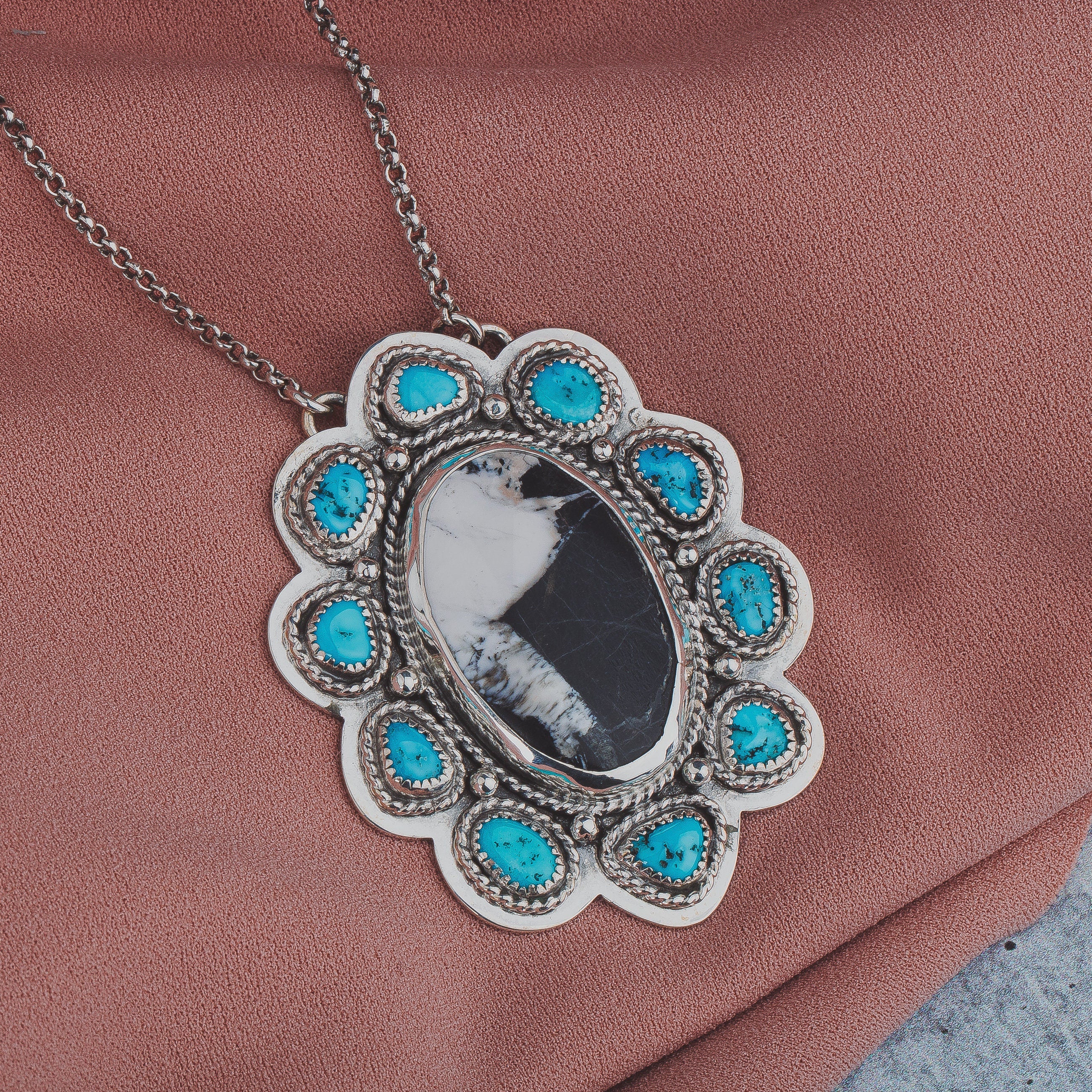 White Buffalo & Sleeping Beauty Turquoise Cluster Necklace In Sterling Silver | Huge Big Black White Aqua Blue Floral Boho Bohemian Pendant