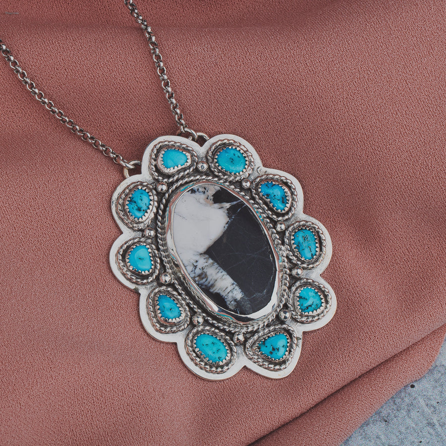 White Buffalo & Sleeping Beauty Turquoise Cluster Necklace In Sterling Silver | Huge Big Black White Aqua Blue Floral Boho Bohemian Pendant