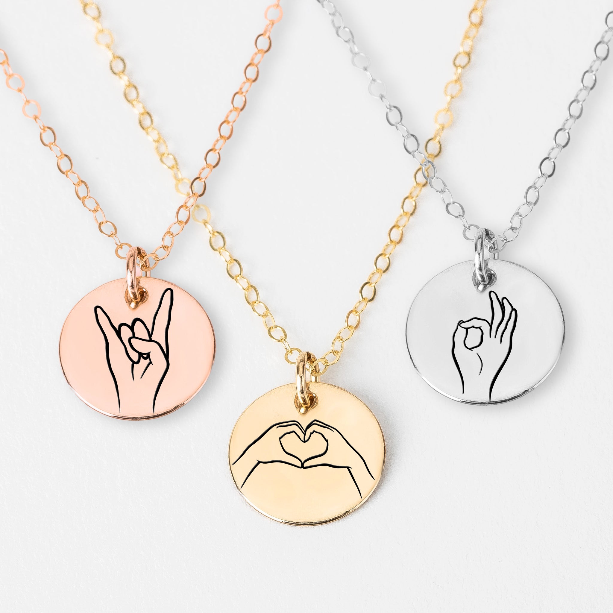 Hand Gesture Necklace | Engraved Circle Disc Pendant, Silver Gold or Rose | ASL Sign Language Cool Gift Idea for Friends Sisters Besties