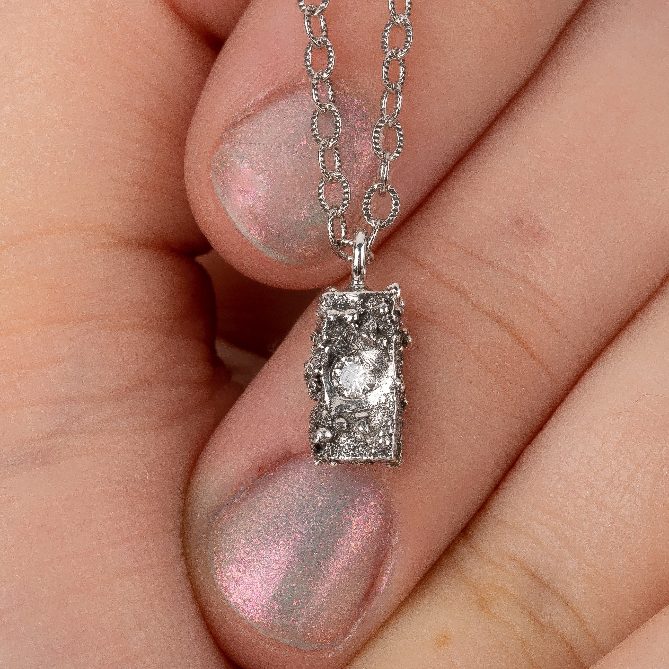 Silvermist Diamond Rugged Textured Brick Necklace | Tiny Small Little Rectangle Cube 925 Sterling Silver Diamond Necklace Pendant