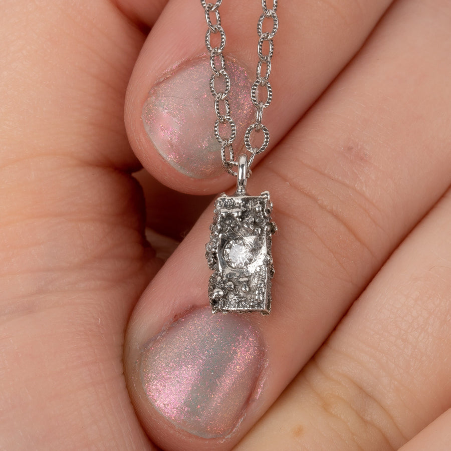 Silvermist Diamond Rugged Textured Brick Necklace | Tiny Small Little Rectangle Cube 925 Sterling Silver Diamond Necklace Pendant