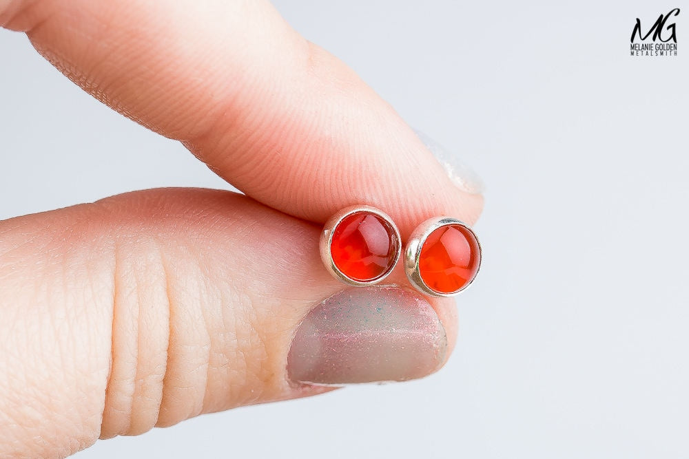 Orange Carnelian Gemstone Stud Earrings | Sterling Silver Round Circle Burnt Orange Post Earrings| Multiple Sizes | Fall Autumn Halloween Thanksgiving Jewelry
