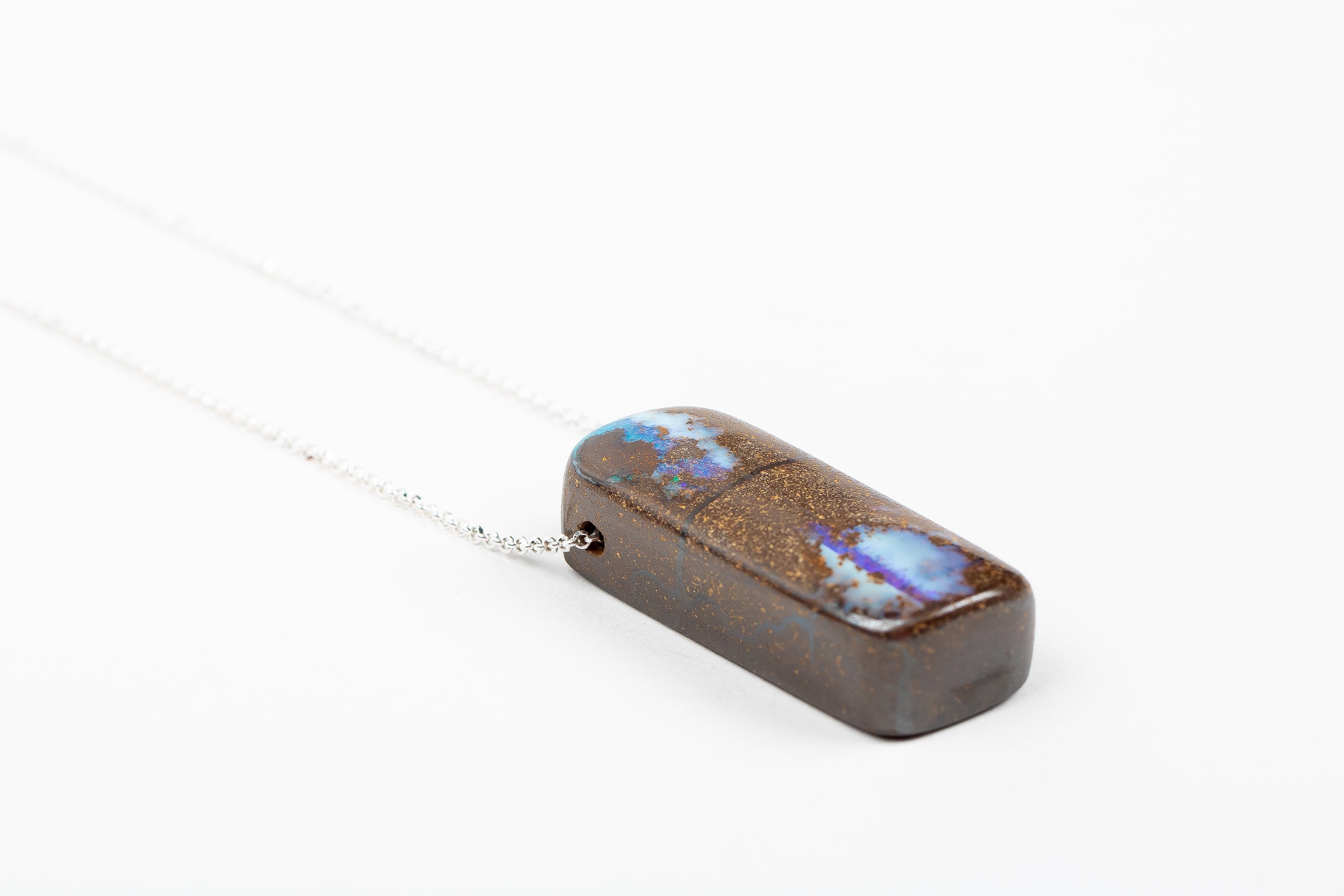 Huge Blue Boulder Opal Necklace In Sterling Silver On Long Rolo Chain | Natural Teal Multicolored Extra Long Gemstone Boho Pendant Necklace
