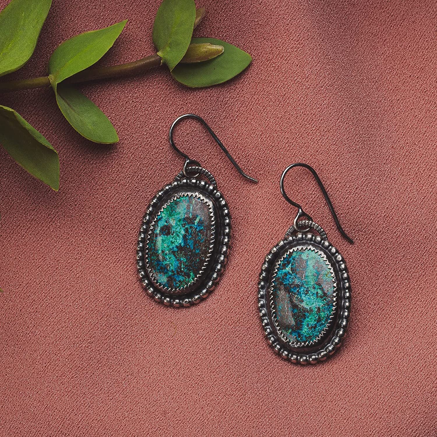 Azurite Gemstone Earrings | Large Oval Oxidized Black Sterling Silver Dangle Drop Earrings