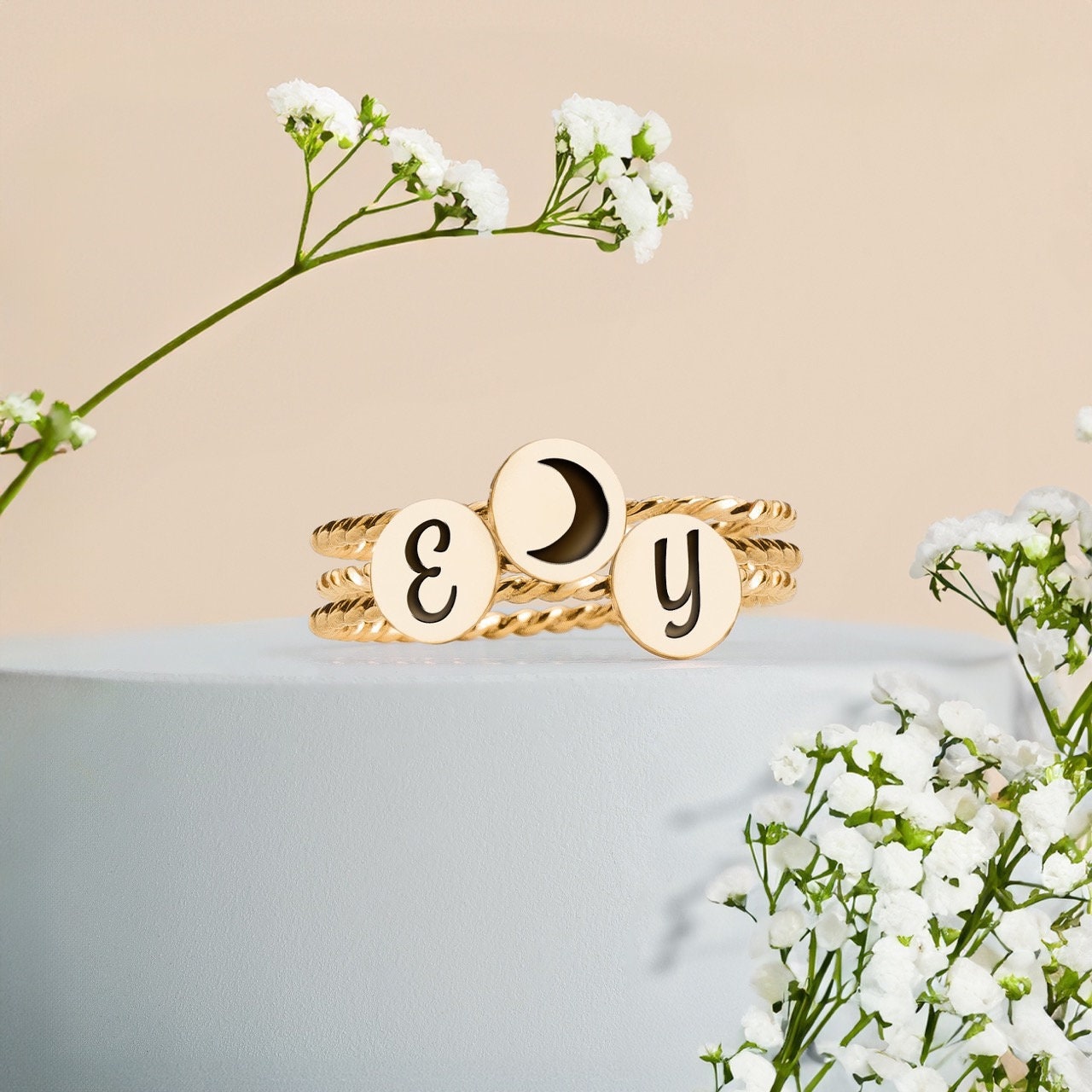 Set of 3 Initial Braided Rope Stacking Rings | Twist Personalized Monogram Letter Stack | Silver Gold or Rose | Family Signet Stackable Ring