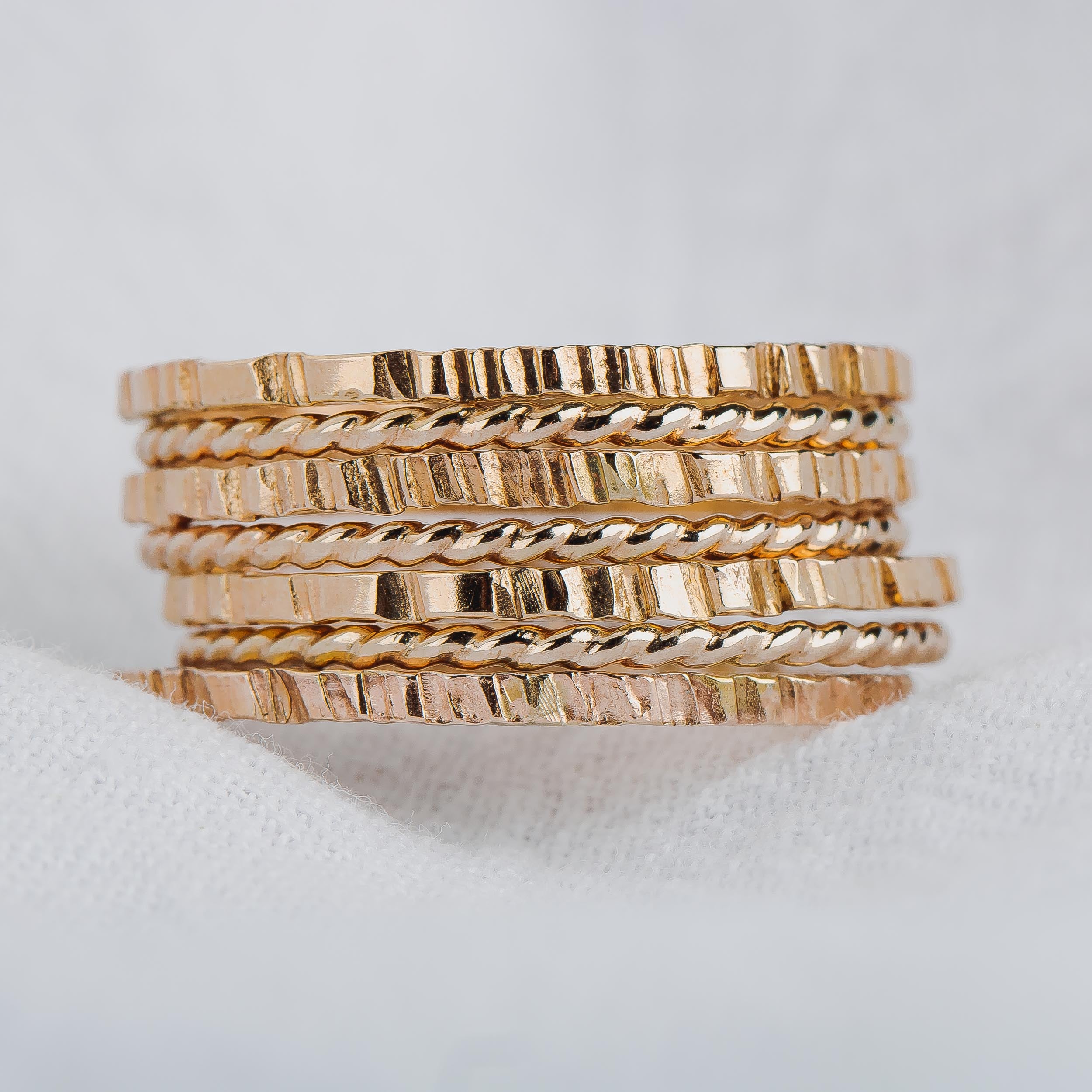The Margo Stack | Set of 7 Rugged and Twist Stacking Rings | Gold, Rose Or Silver Mixed Hammered Stacking Stackable Stack Rings