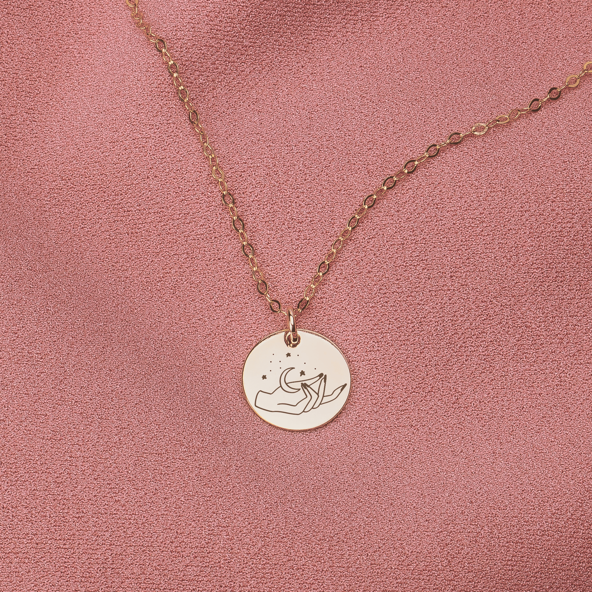 She Holds The Moon Disc Necklace - Melanie Golden Jewelry - disc necklaces, Engraved Jewelry, minimal minimal necklace, minimal necklace, mystic, necklace, necklaces