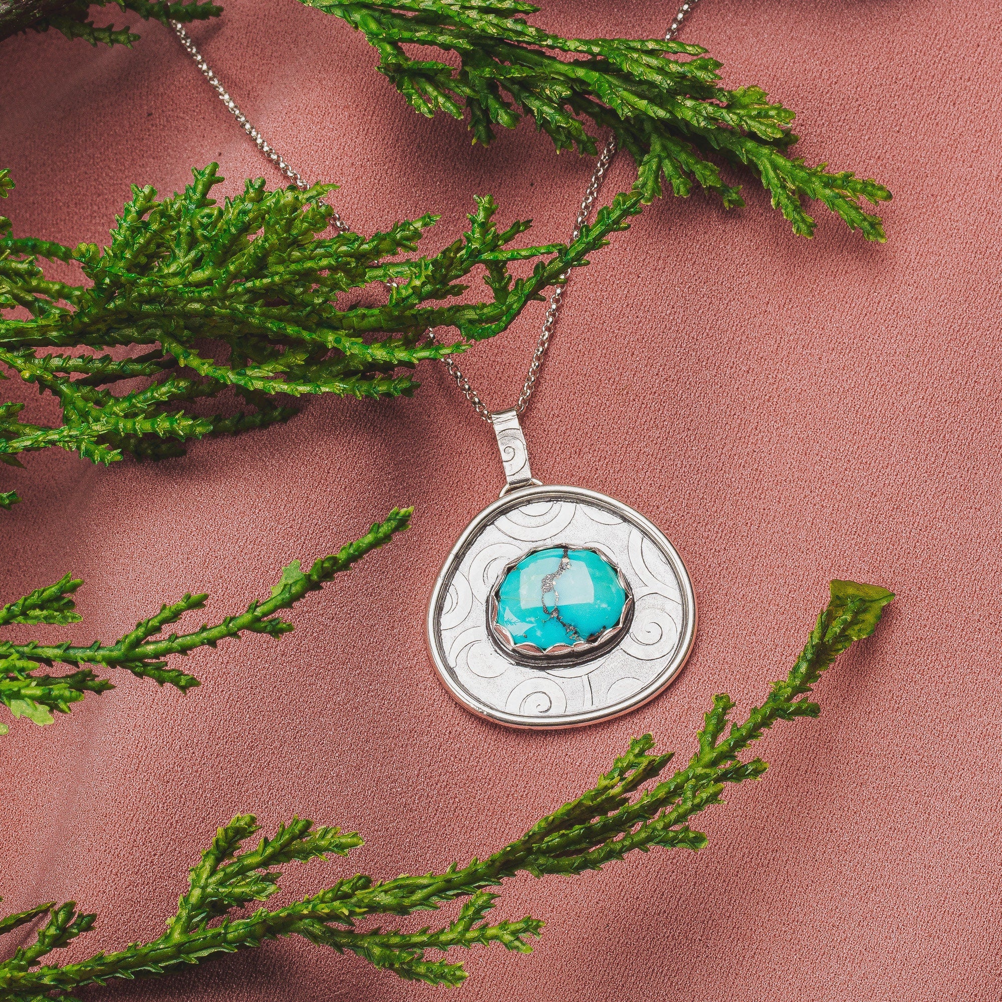 Morenci Turquoise Gemstone Necklace | Big Aqua Blue Bohemian Boho Style Pendant Necklace With Swirly Border In Sterling Silver