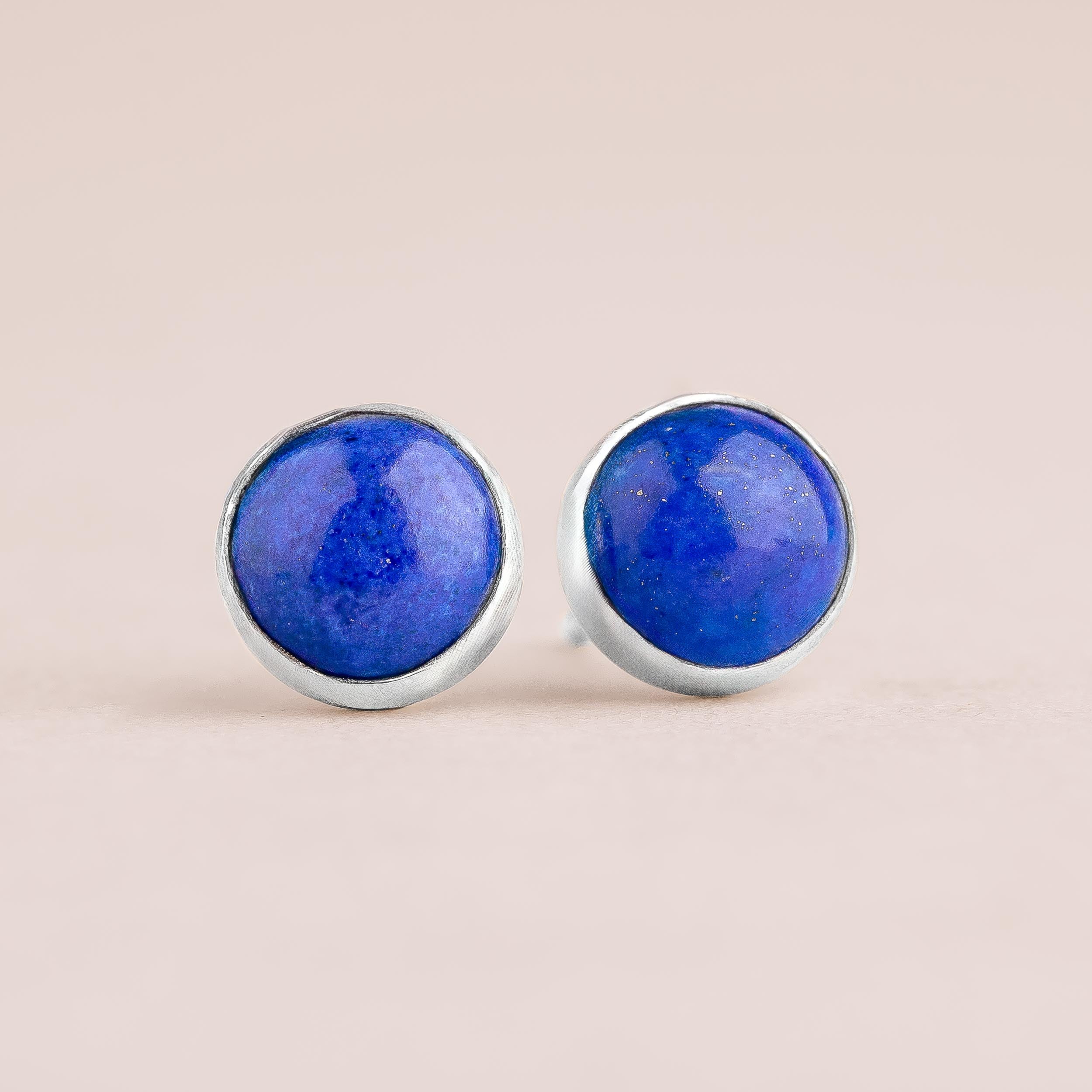 Lapis Lazuli Gemstone Stud Earrings | Sterling Silver Dark Denim Blue Round Circle Stone Post Earrings for Women or Men