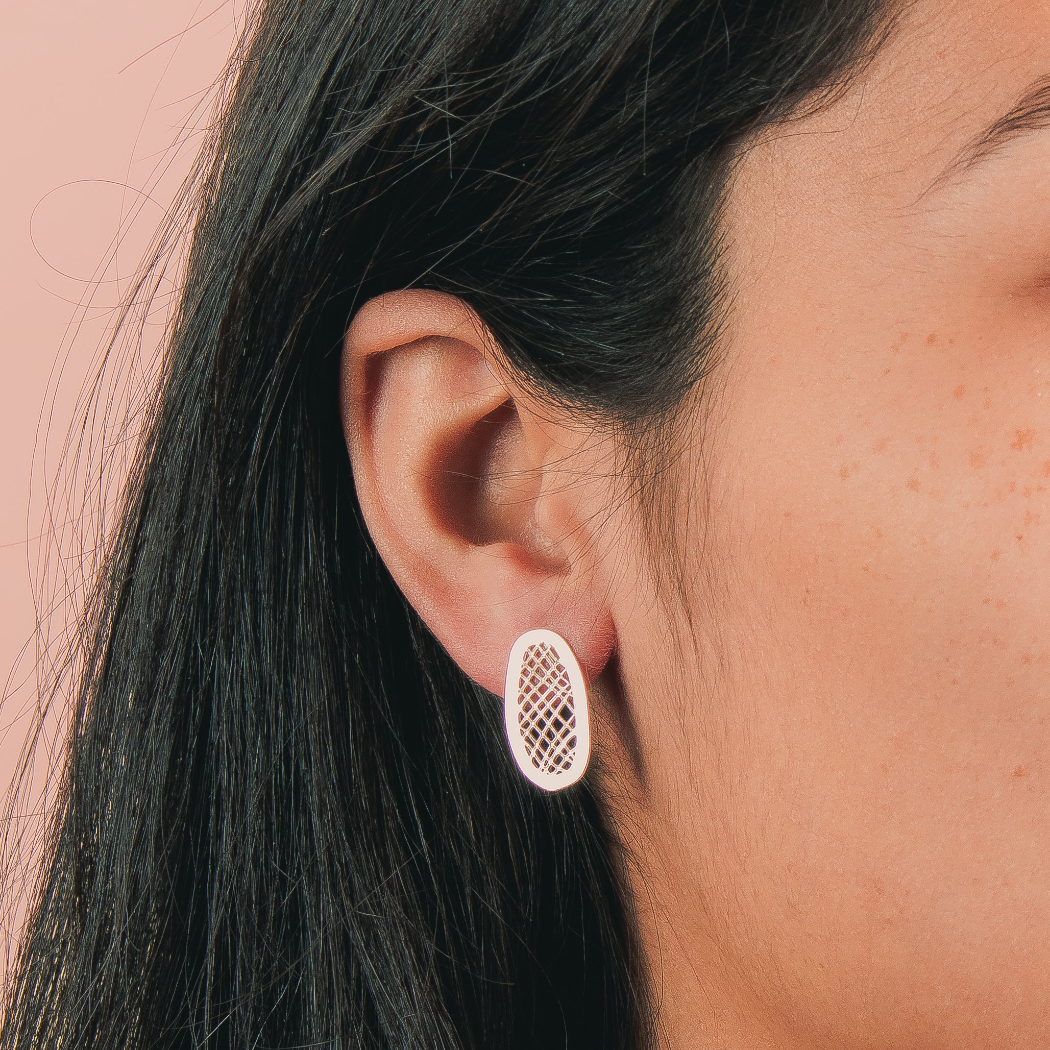 Lattice Stud Earrings | Sterling Silver Large Big Organic Shaped Oval Crosshatched Checkered Grid Post Earrings | Perfect Gift for Her