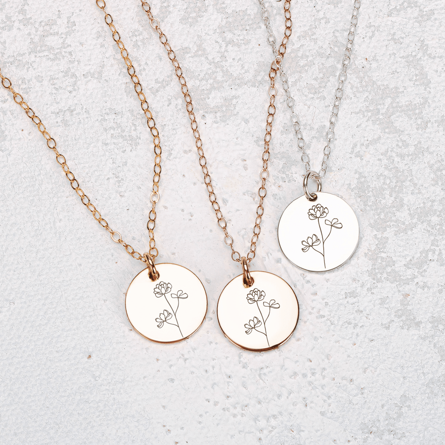 Peony Flowers Disc Necklace - Melanie Golden Jewelry - bridesmaid, disc necklaces, Engraved Jewelry, everyday, flora, minimal minimal necklace, minimal necklace, necklace, necklaces, symbolic, wedding, wedding party