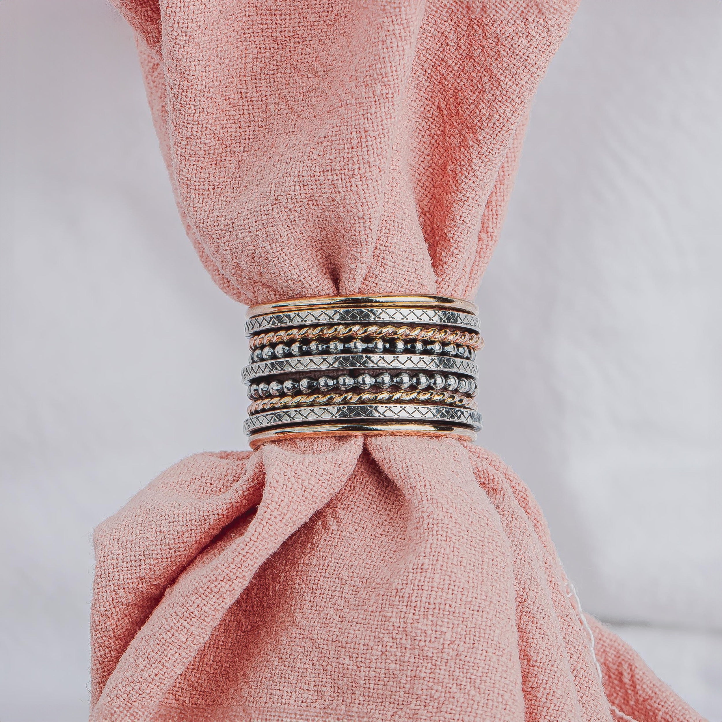 The Nova Stack | Set of 9 Mixed Metal Textured Stacking Rings in Gold and Silver | USA Sizes 4-12