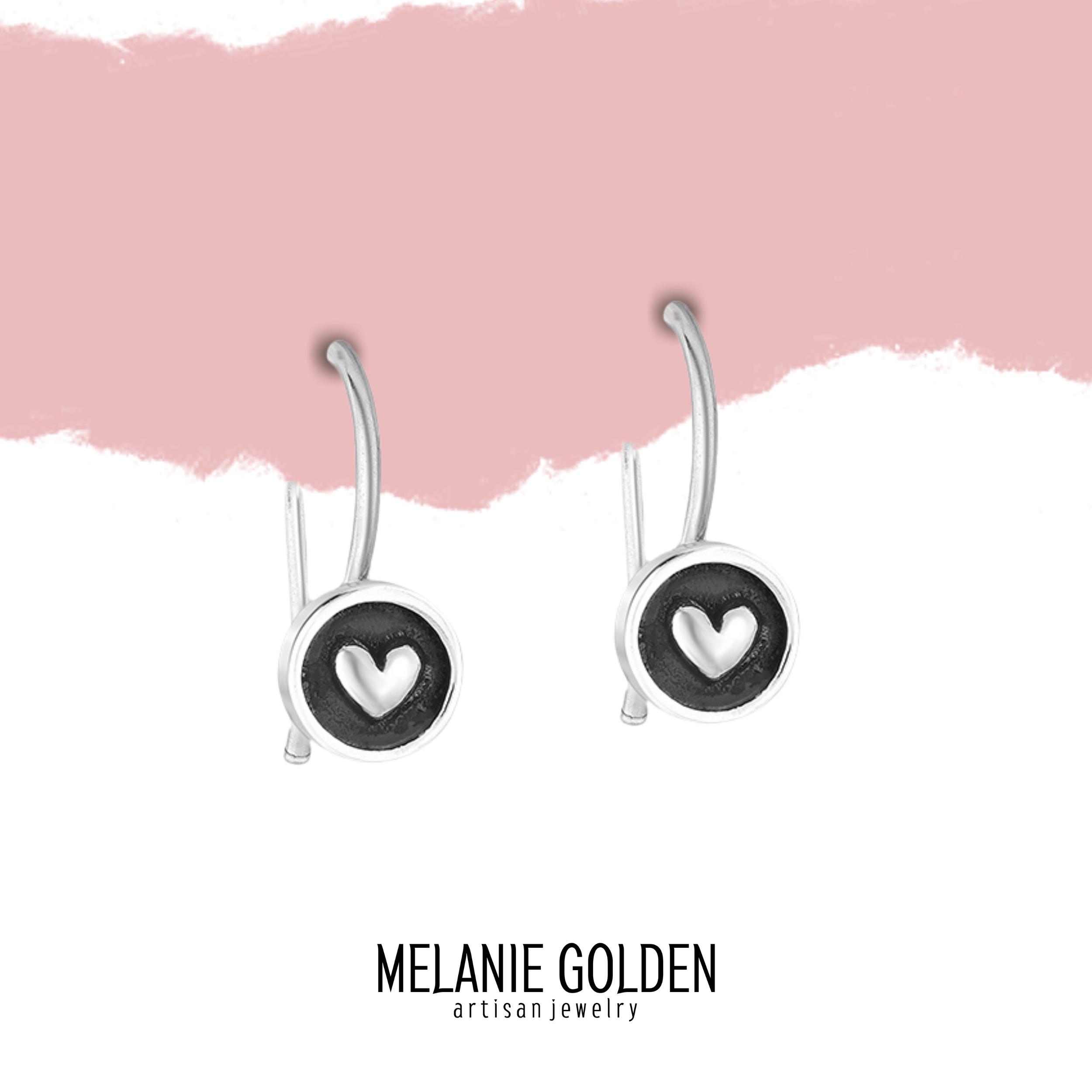 Round Heart Hook Earrings | Tiny Sterling Silver Round Circle Dangle Drop Earrings | Oxidized Black & Silver Heart | Valentines Day Jewelry