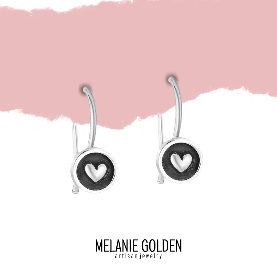 Round Heart Hook Earrings | Tiny Sterling Silver Round Circle Dangle Drop Earrings | Oxidized Black & Silver Heart | Valentines Day Jewelry