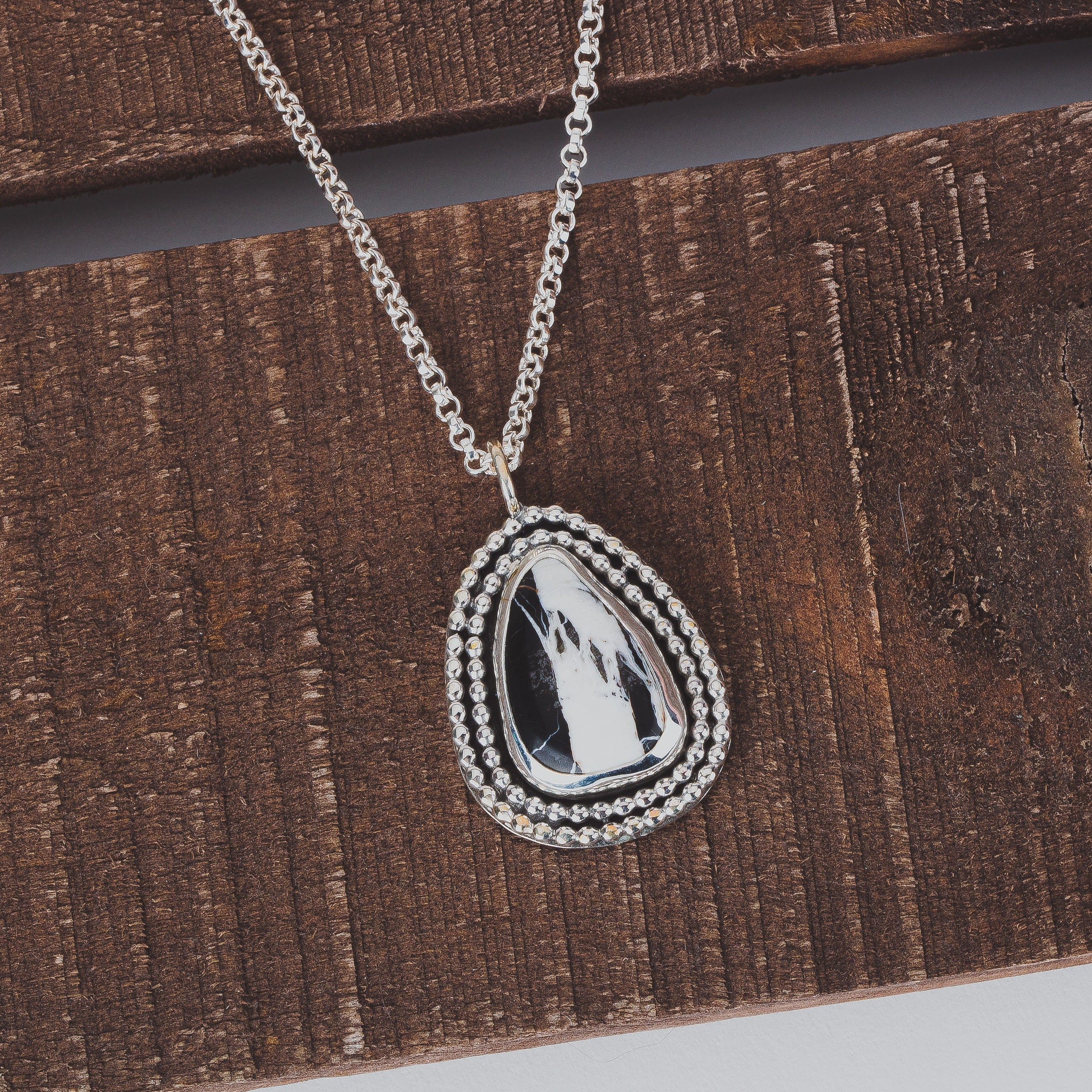 White Buffalo Turquoise Necklace In Sterling Silver | Huge Big Black And White Teardrop Boho Bohemian Pendant With Double Beaded Border