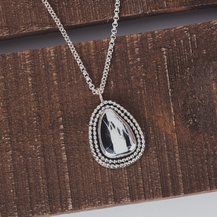 White Buffalo Turquoise Necklace In Sterling Silver | Huge Big Black And White Teardrop Boho Bohemian Pendant With Double Beaded Border