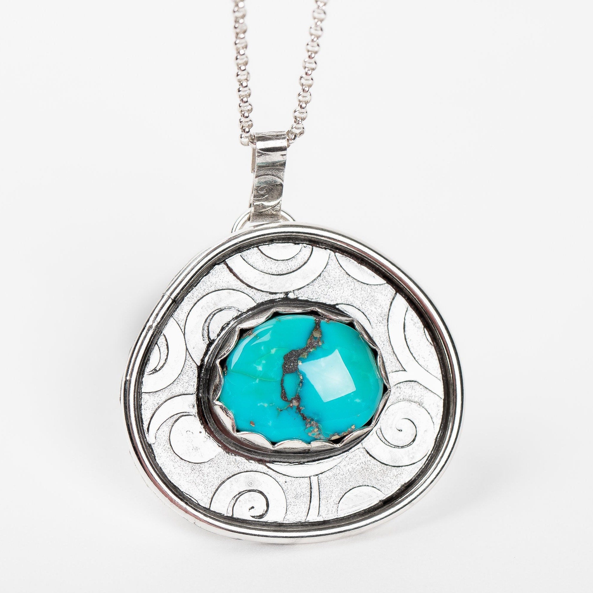 Morenci Turquoise Gemstone Necklace | Big Aqua Blue Bohemian Boho Style Pendant Necklace With Swirly Border In Sterling Silver