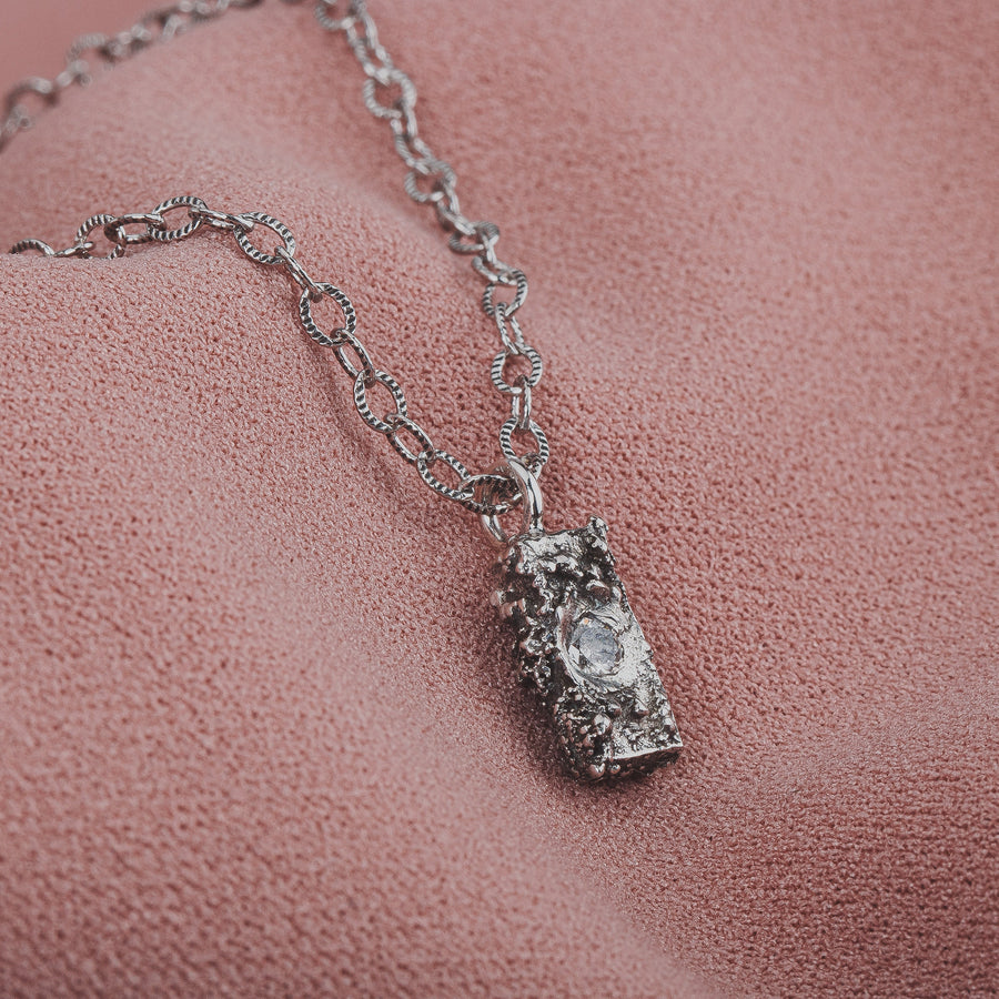 Silvermist Diamond Rugged Textured Brick Necklace | Tiny Small Little Rectangle Cube 925 Sterling Silver Diamond Necklace Pendant