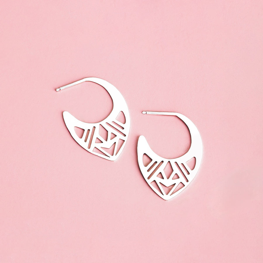 Ophelia Hoop Earrings | Sterling Silver Large Big Geometric Cut Out Greek Goddess Earrings | Bohemian Ethnic Tribal | Perfect Gift for Her