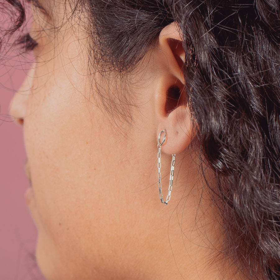 Chain Loop Earrings | Sterling Silver Circle Chain Cuff Post Stud Earrings | Minimalist Edgy Suspension Huggie Hoop Earrings