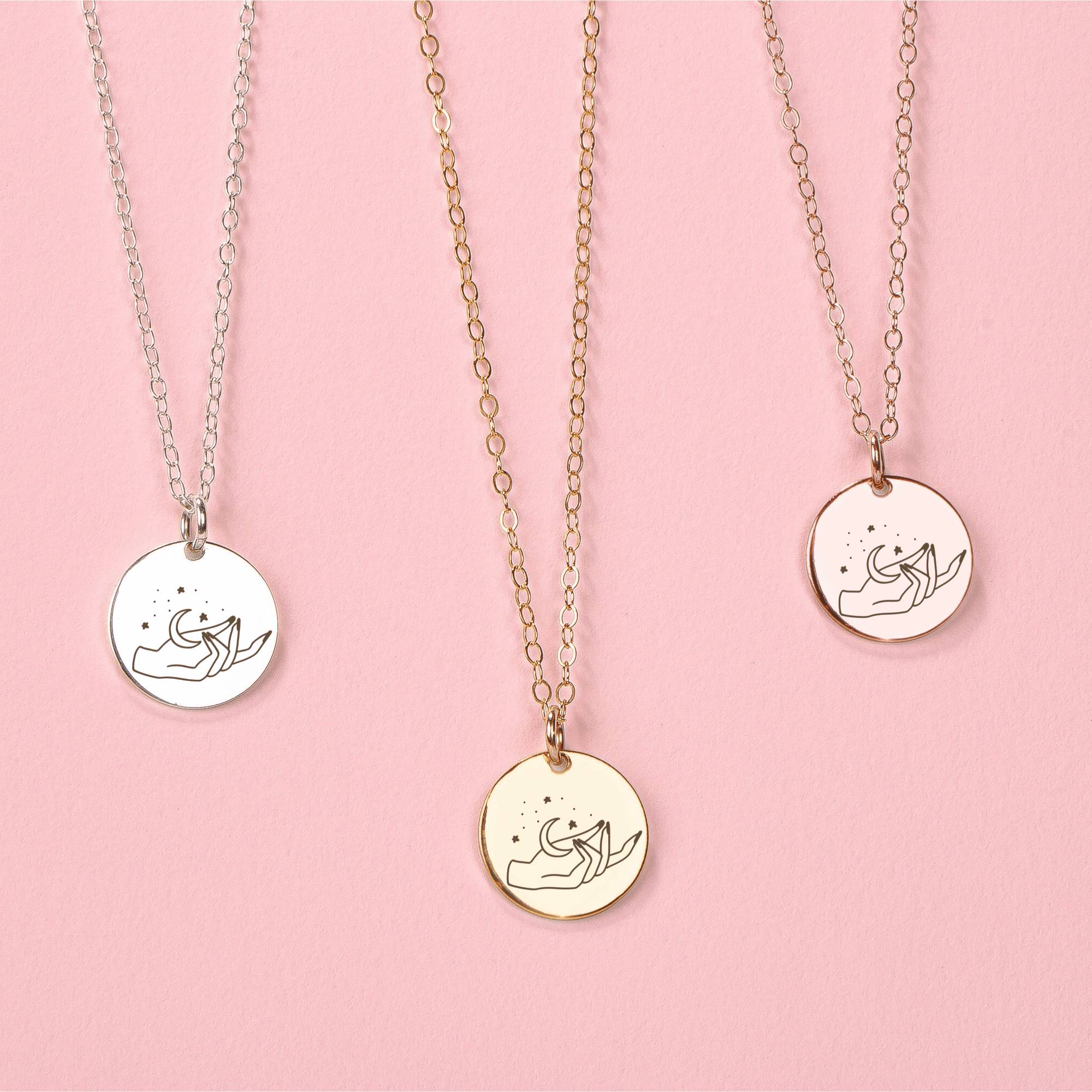 She Holds The Moon Disc Necklace - Melanie Golden Jewelry - disc necklaces, Engraved Jewelry, minimal minimal necklace, minimal necklace, mystic, necklace, necklaces