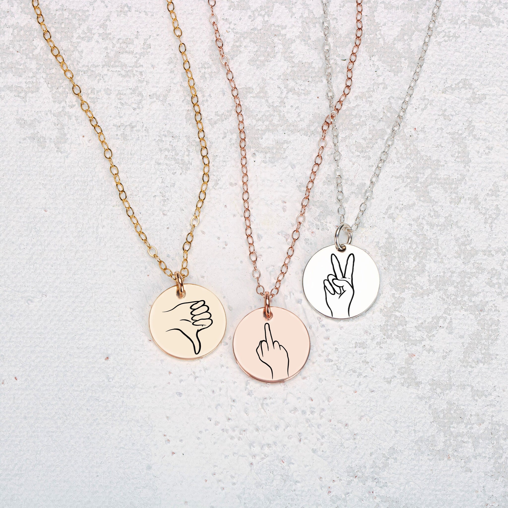 Hand Gesture Necklace | Engraved Circle Disc Pendant, Silver Gold or Rose | ASL Sign Language Cool Gift Idea for Friends Sisters Besties
