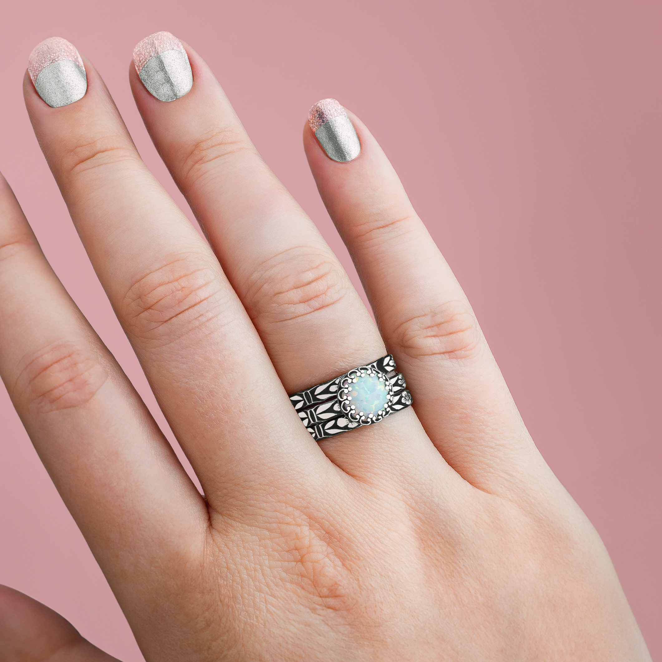 Opal Stacking Rings | Set of 3 Floral Colorful Multicolored Flashy Opal Stacking Rings in Sterling Silver | October Birthstone | USA Sizes 4-12