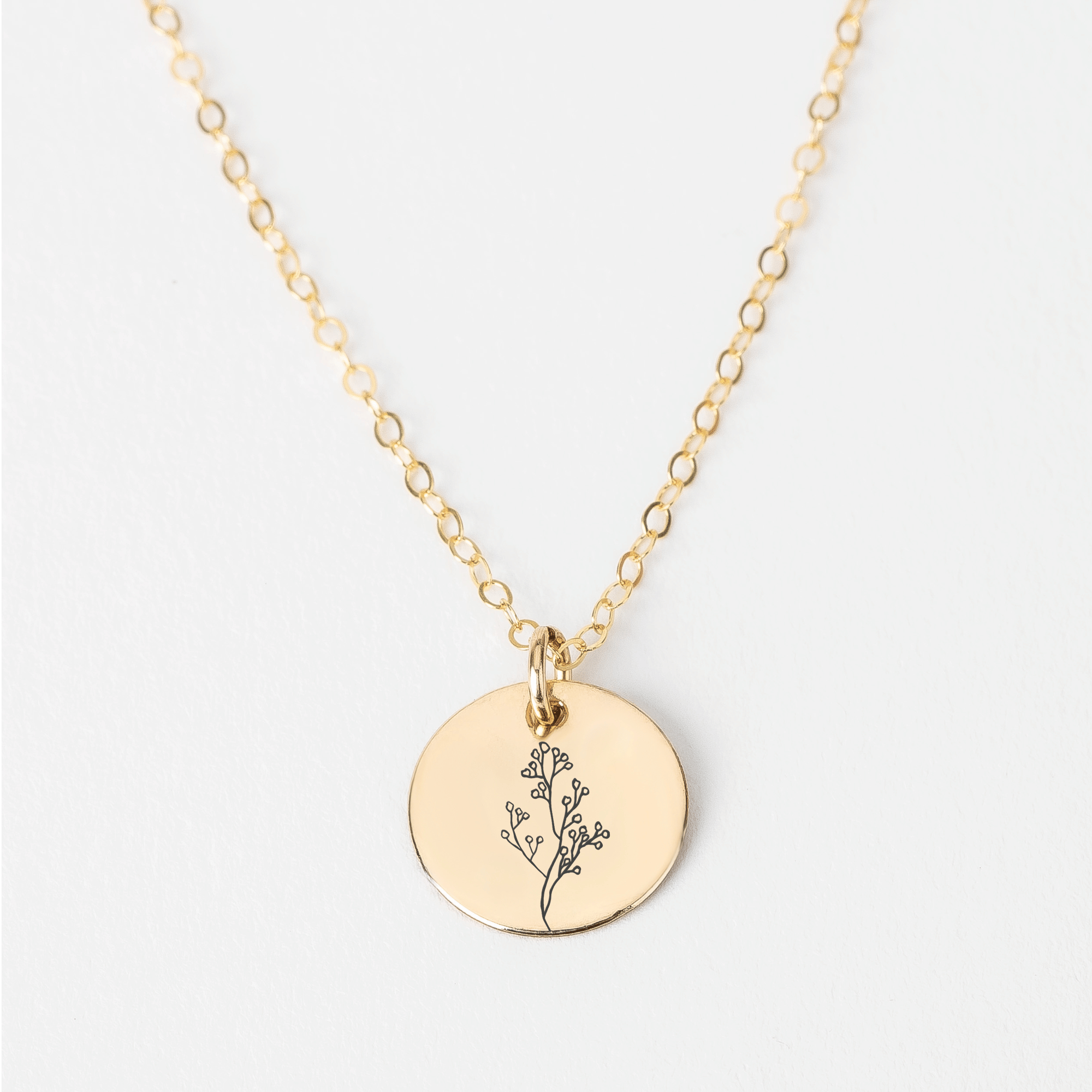 Baby's Breath Flowers Disc Necklace | Engraved Round Bohemian Necklace in Silver, Gold, or Rose Gold | Gift for Mom, Mothers, Friend, Plant Lover | Boho Jewelry