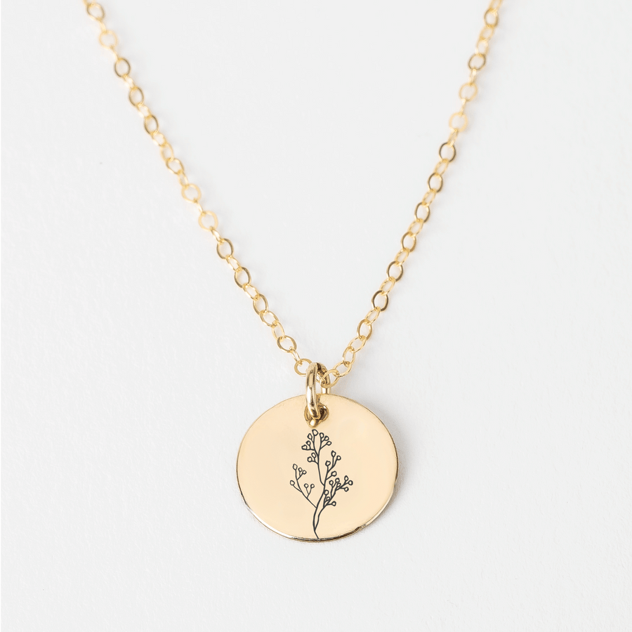 Baby's Breath Flowers Disc Necklace | Engraved Round Bohemian Necklace in Silver, Gold, or Rose Gold | Gift for Mom, Mothers, Friend, Plant Lover | Boho Jewelry