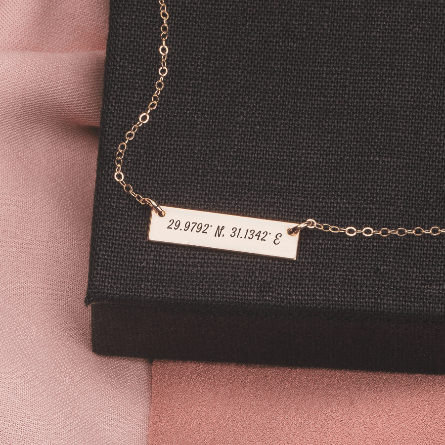 Personalized Coordinates Bar Necklace | Custom Engraved Skinny Location Place Bar Necklace in Silver, Gold, or Rose Gold | Customized Gift