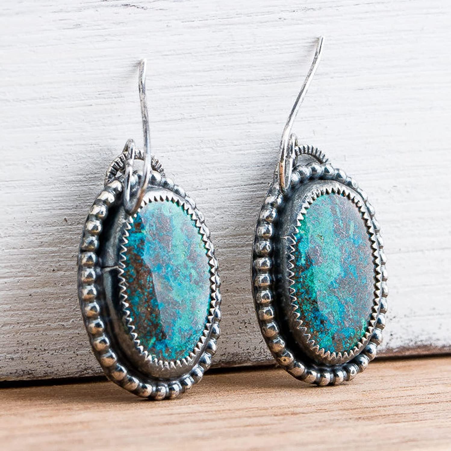Azurite Gemstone Earrings | Large Oval Oxidized Black Sterling Silver Dangle Drop Earrings