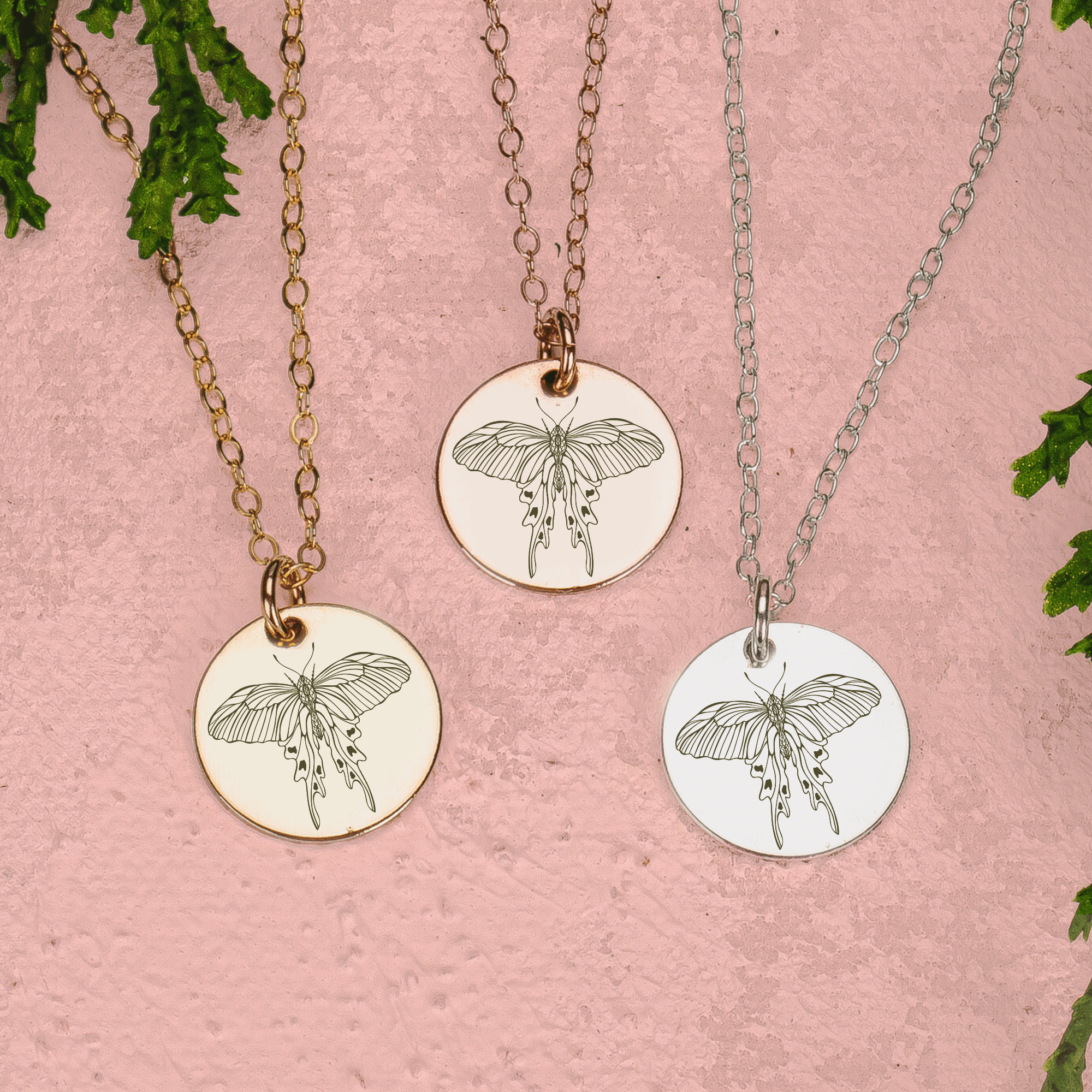 Luna Moth Disc Necklace - Melanie Golden Jewelry - disc necklaces, Engraved Jewelry, fauna, minimal minimal necklace, minimal necklace, mystic, necklace, necklaces, symbolic