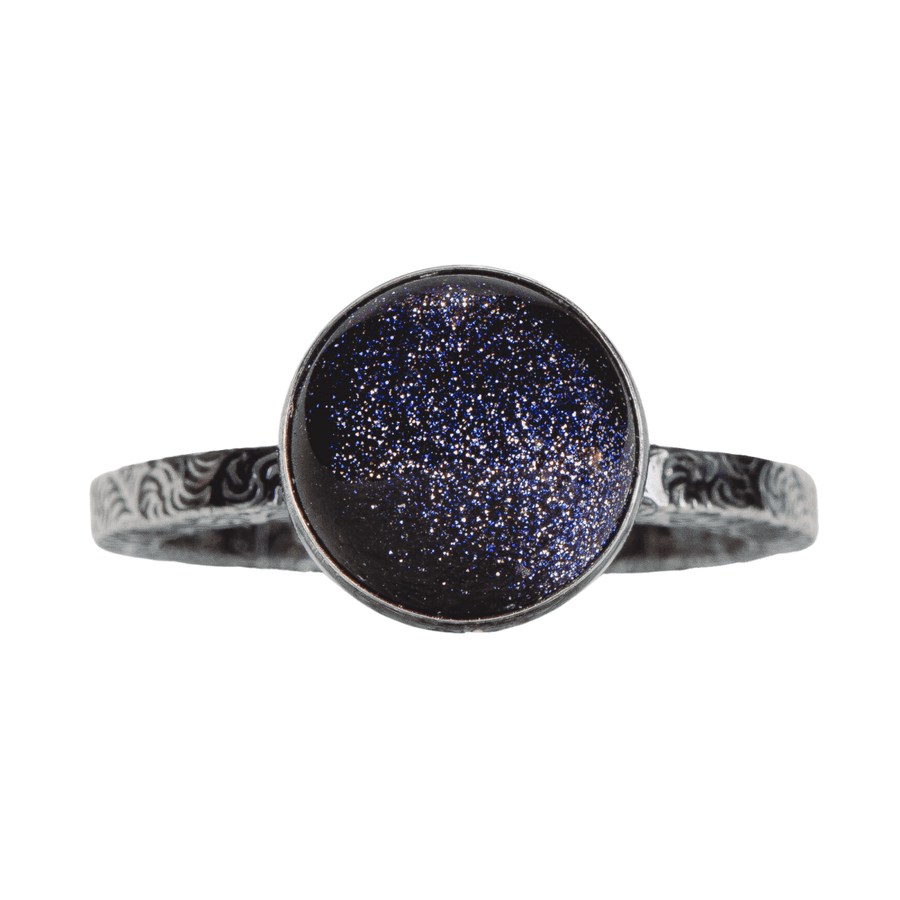 Night Sky Constellation Solitaire Ring with Paisley Pattern Band in Sterling Silver with Blue Goldstone | Star Galaxy Space Jewelry | Comfort Fit USA Sizes 4-12