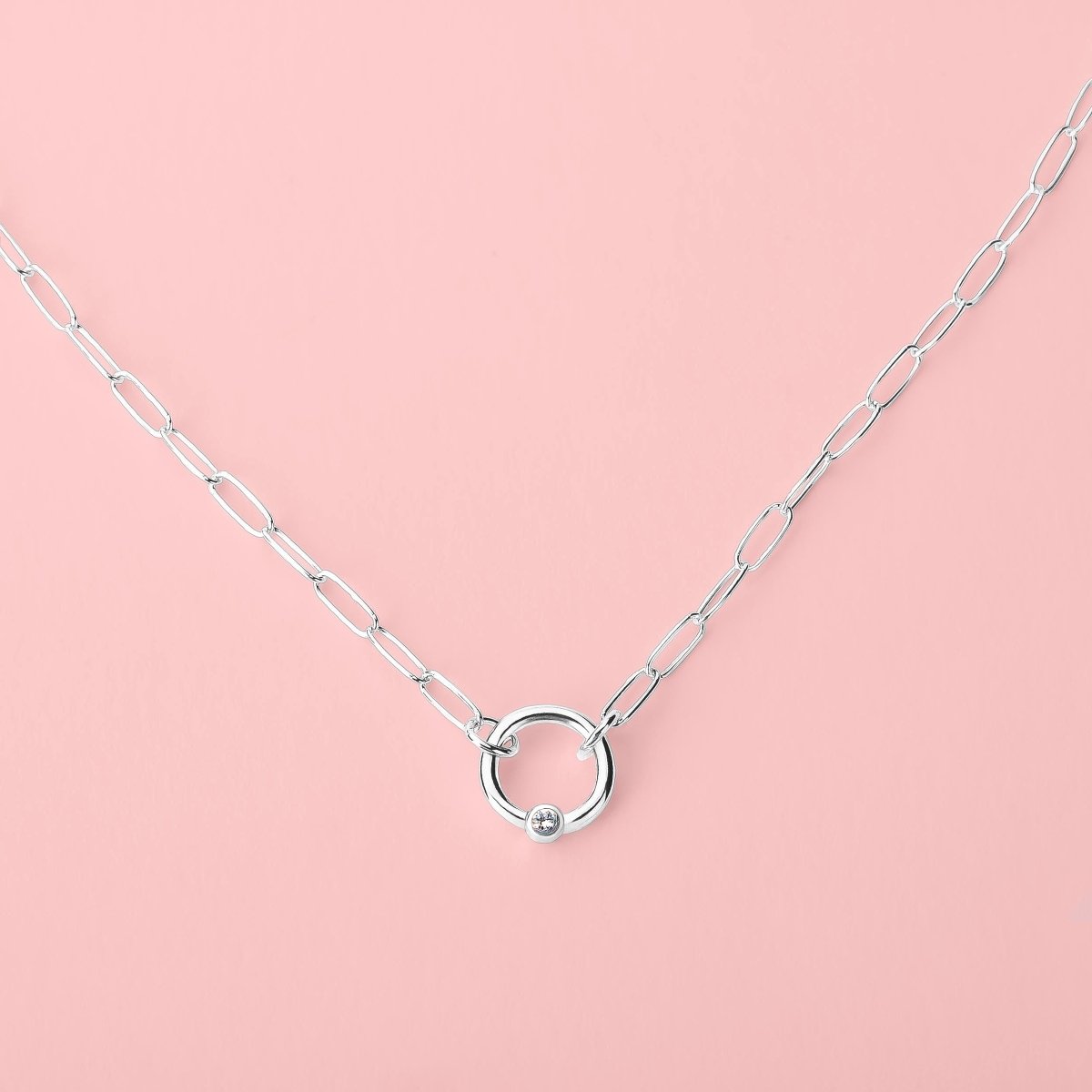Paperclip Diamond Orbit Necklace | Multiple Diamond Colors, Tiny Round Genuine Diamond Pendant, Wedding Bridal, Anniversary Gift for Her